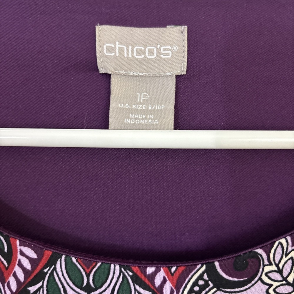 Chicos 1P Dress Maroon Purple Floral Geometric Flare Bell Sleeve Stretch Brunch - Picture 2 of 6